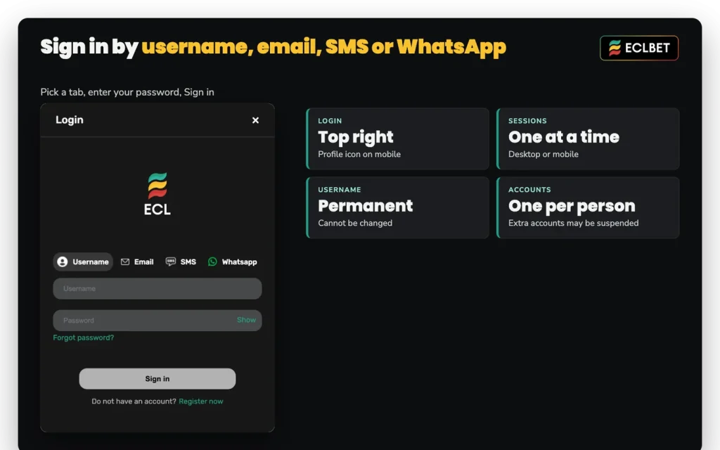 ECLBET login window with Username, Email, SMS and WhatsApp tabs, password field and Sign in button